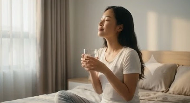 Cô gái đang uống một ngụm nước ấm và hít thở sâu để lấy lại bình tĩnh sau cơn hoảng loạn
