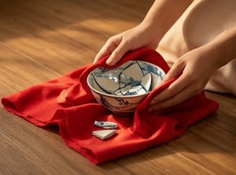 Những mảnh vỡ của đồ gốm sứ được cẩn thận gói gọn trong một tấm vải đỏ để ngăn chặn điềm xui xẻo lan tỏa.