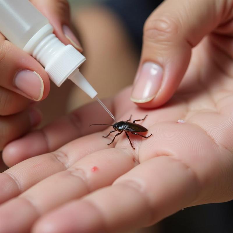 A person is cleaning a cockroach bite wound with antiseptic