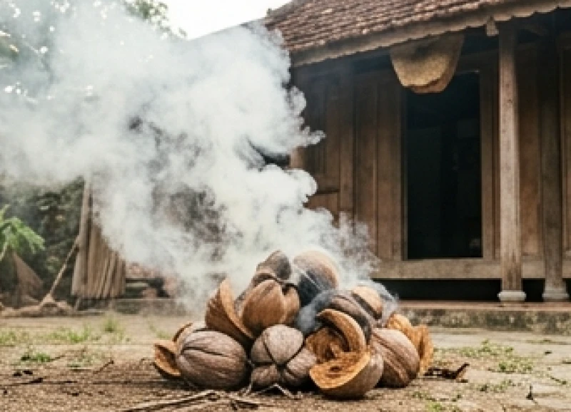 Ong làm tổ trong nhà là điềm gì: Giải mã vị trí & cách di dời 9 Bó xơ dừa cháy âm ỉ tỏa ra làn khói trắng cuộn lên phía tổ ong ruồi