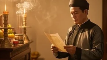 Người chủ tế thành kính chắp tay thực hành cách xưng hô khi đọc văn khấn trước bàn thờ gia tiên nghi ngút khói hương