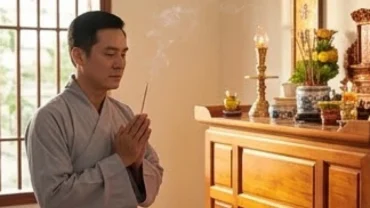 Người đàn ông chắp tay thành kính đọc cách xưng tên tuổi trong văn khấn trước ban thờ gia tiên tĩnh lặng