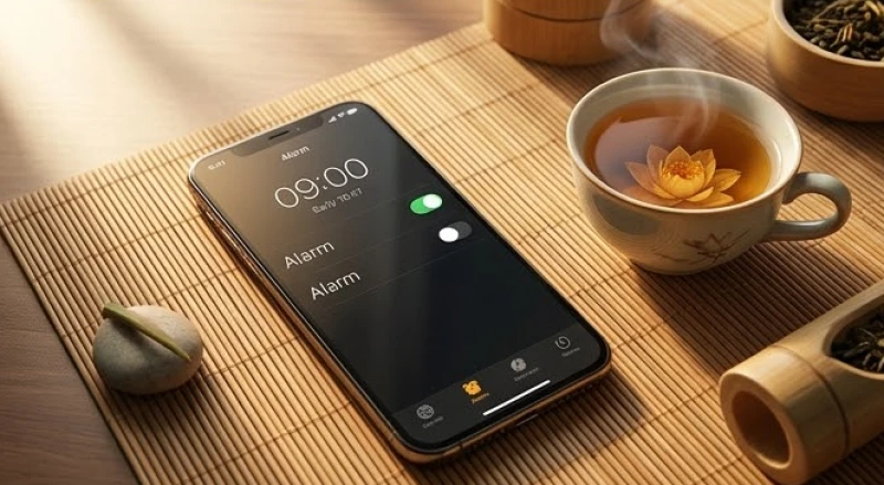 Giờ hoàng đạo hợp tuổi Ngọ: cách tra cứu chuẩn theo từng can chi 14 Màn hình điện thoại hiển thị đồng hồ báo thức đặt cạnh tách trà hoa sen