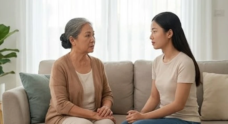 Hai người phụ nữ ngồi nói chuyện nghiêm túc để thiết lập ranh giới giao tiếp trong nhà