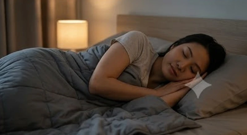 Người phụ nữ đắp chăn trọng lực mỉm cười nhẹ nhàng và thư giãn trước khi chìm vào giấc ngủ