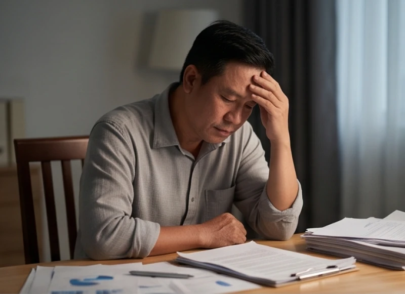 Người đàn ông mệt mỏi xoa trán trước bàn làm việc vì mất ngủ và căng thẳng thần kinh