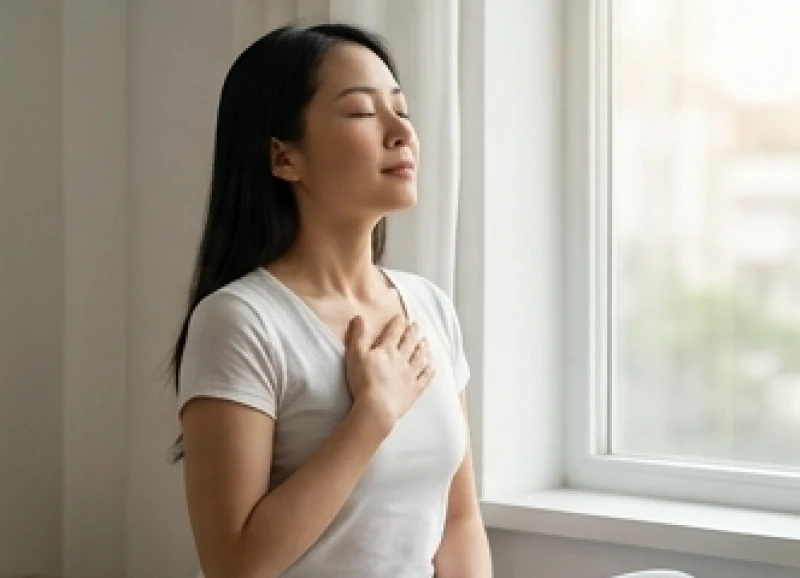 Người phụ nữ đang tập trung hít thở sâu để điều chỉnh âm sắc và giải phóng cảm xúc