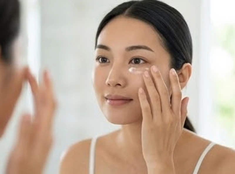 Cô gái đang thoa kem dưỡng và massage vùng da quanh mắt để giúp làm giảm quầng thâm và bọng mắt