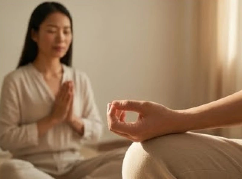 Nữ giới thực hành thiền định với bàn tay phải thả lỏng, giúp cân bằng tâm trí và làm sâu nét chỉ tay chữ M tay phải nữ