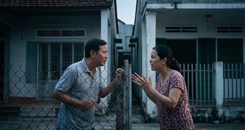 Mơ thấy hàng xóm: Ý nghĩa tâm linh, điềm báo & con số may mắn 2 Hai người hàng xóm cãi vã căng thẳng qua hàng rào mỏng ngăn cách hai ngôi nhà