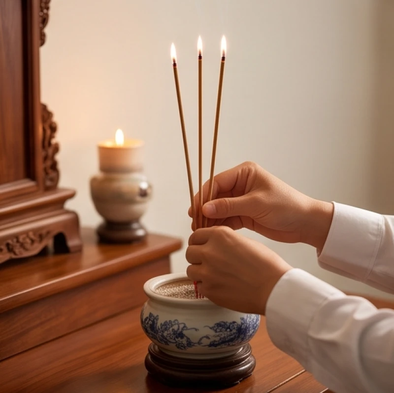 Văn khấn giỗ cha: Mẫu bài cúng chuẩn và trình tự hành lễ 10 Đôi bàn tay chắp 3 nén nhang cắm thẳng đứng vào bát hương Thần linh