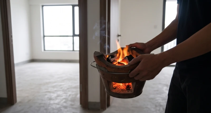 Nam gia chủ tự tay cầm chiếc bếp đang cháy ngọn lửa thực bước qua cánh cửa chính
