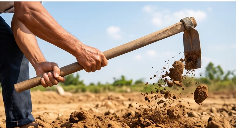 Người đàn ông cầm chiếc cuốc bổ nhát đất đầu tiên xuống khu vực đã đánh dấu hướng tốt trên mảnh đất trống