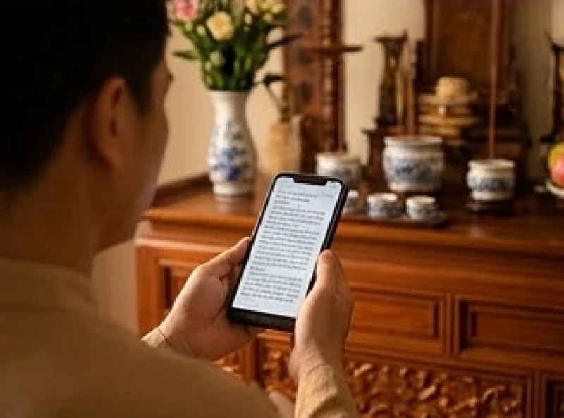 Văn khấn mời gia tiên về thụ hưởng lễ vật: Trình tự cúng trọn vẹn 8 Gia chủ cầm điện thoại bằng hai tay ngang tầm mắt để đọc bài cúng trước bàn thờ gia tiên
