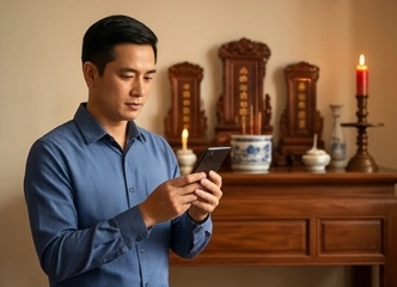 Văn khấn Giỗ Tổ Hùng Vương: Bài cúng chuẩn và Trình tự nghi lễ 8 Một người đàn ông mặc áo sơ mi nghiêm trang cầm điện thoại bằng hai tay ngang ngực để đọc lời khấn