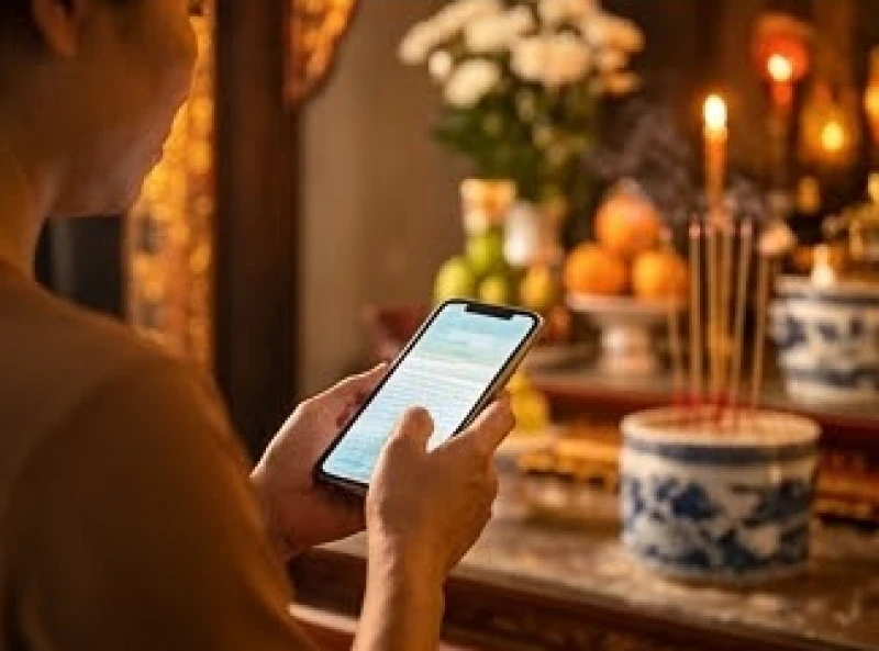 Người hành hương chắp tay lẩm nhẩm đọc văn khấn từ màn hình điện thoại