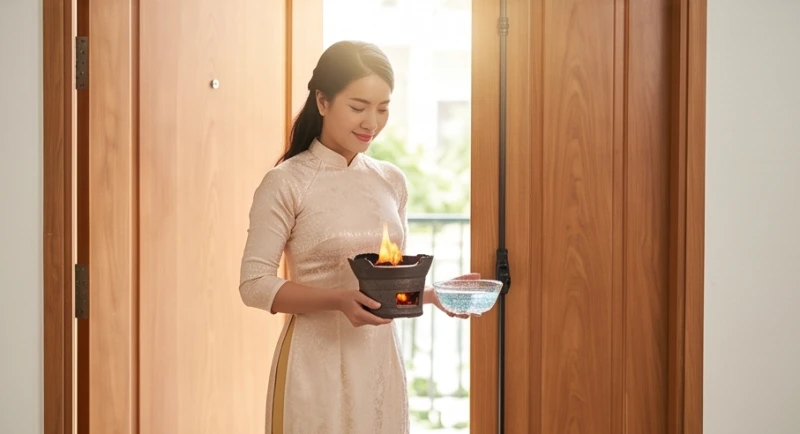 Văn khấn chuộc nhà khi mượn tuổi: Toàn văn bài khấn và mẫu giấy 7 Người phụ nữ mang theo bếp lửa hồng và bát nước sạch bước vào cửa chính căn nhà