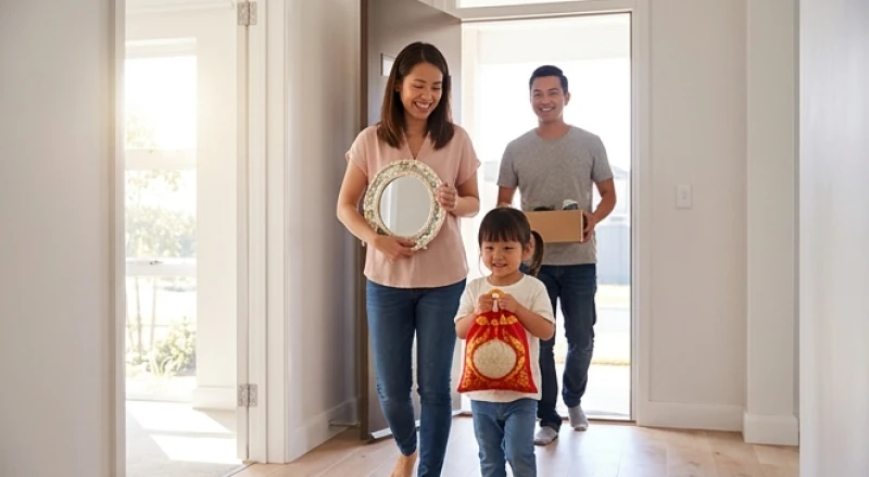 Các thành viên gia đình tay cầm những vật dụng mang ý nghĩa tài lộc khi bước vào nhà mới