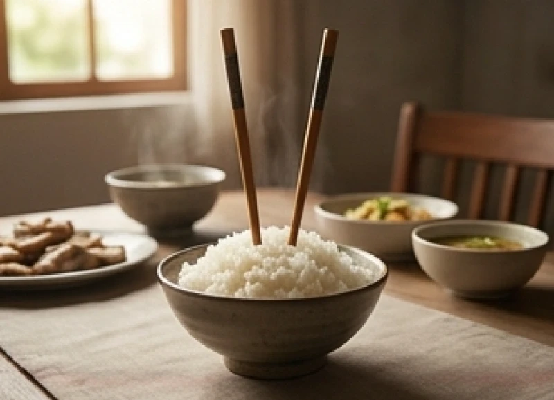 Rơi đũa là điềm gì: Lý giải thực tế và cách hóa giải tức thì 8 Hành động đại kỵ cắm đôi đũa thẳng đứng vào giữa bát cơm trắng gợi liên tưởng đến bát hương cúng người chết