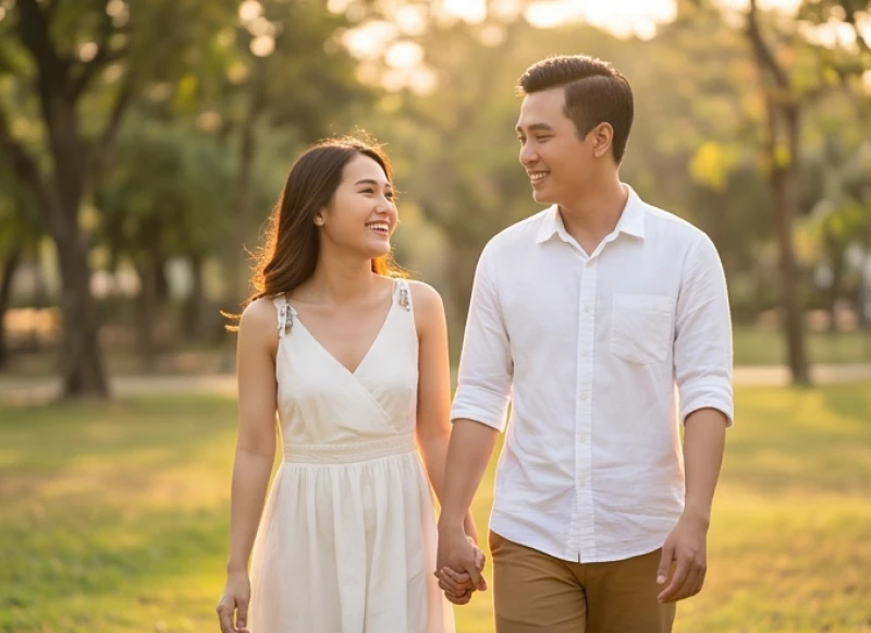 Cặp đôi nắm chặt tay nhau đi dạo thong dong phản ánh sự an tâm tuyệt đối từ giấc mơ thấy hôn người yêu hiện tại