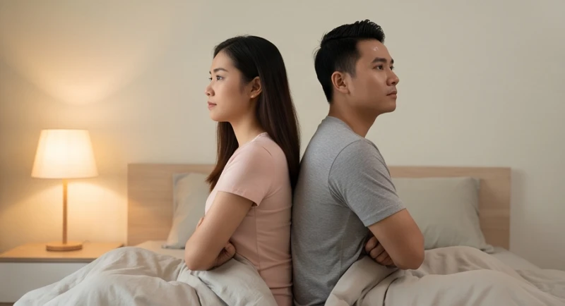 Cặp đôi trẻ ngồi xoay lưng lại với nhau biểu lộ sự bất an trong tình yêu thường xuất hiện khi ngủ