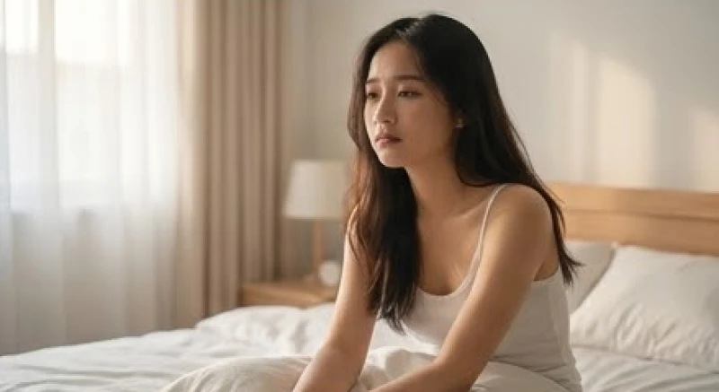 Cô gái Việt Nam ngồi thẫn thờ trên giường vào buổi sáng, thể hiện sự tiếc nuối sau một giấc mơ đẹp