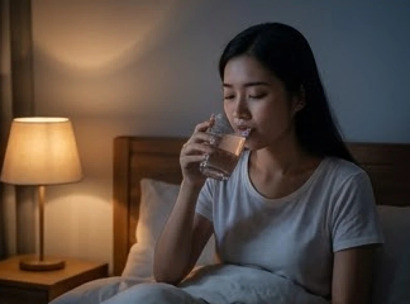 Người phụ nữ tỉnh giấc giữa đêm và uống ly nước ấm đặt ngay cạnh giường ngủ