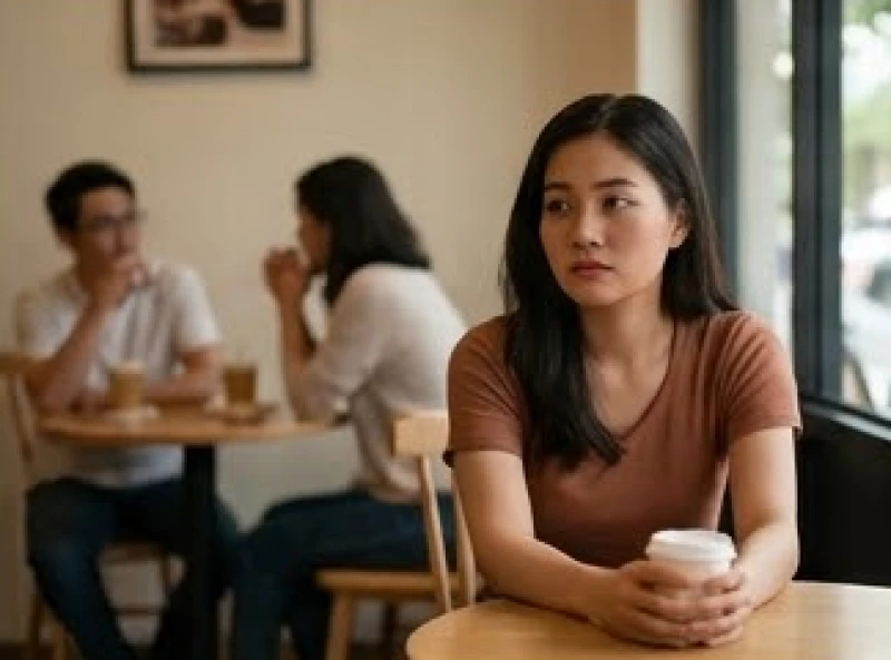 Cô gái ngồi trầm tư một mình tại quán cà phê trong khi những người xung quanh đang trò chuyện vui vẻ