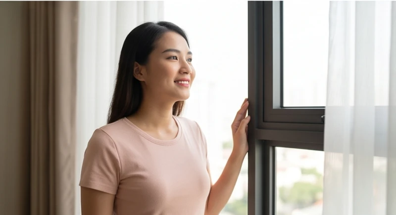 Cô gái đứng bên cửa sổ mỉm cười đón nắng sớm nhẹ nhõm khi nhận ra giá trị của sự tự do và ranh giới cá nhân