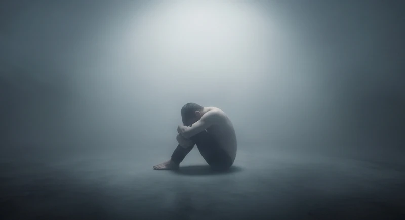 Một người đứng co ro thu mình giữa không gian rộng lớn trống trải và mờ ảo sương khói