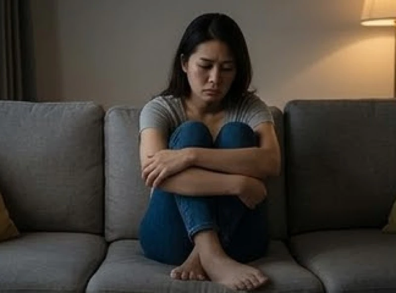 Mơ thấy người yêu hiện tại gặp lại người cũ: Điềm báo & ứng xử 1 Một cô gái trẻ ngồi thu mình trên sô pha với vẻ mặt đượm buồn thể hiện sự bất an trong tình cảm