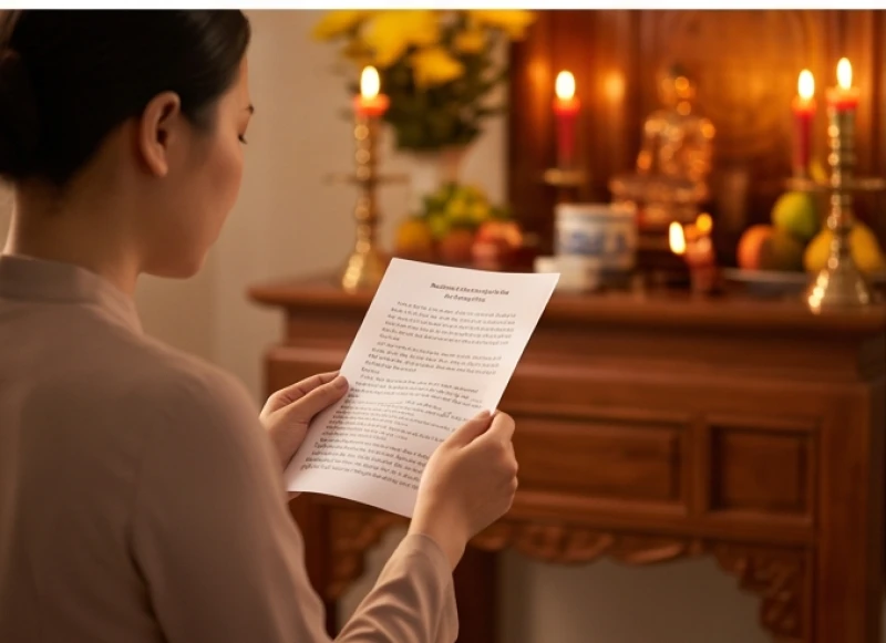 Văn khấn cầu an tại nhà: Bài khấn chuẩn và nghi thức bài bản 9 Gia chủ chắp tay và cầm tờ giấy in bài văn khấn cầu an trang trọng trước ngực