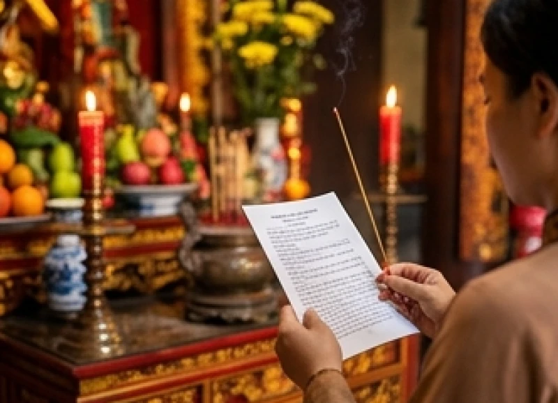 Văn khấn lễ hội Đền Lảnh Giang: Bài cúng chuẩn và sơ đồ hành lễ 7 Tín chủ cầm tờ giấy in sẵn văn khấn, thành tâm chắp tay cầu nguyện trước án tọa Tòa Đệ Tam