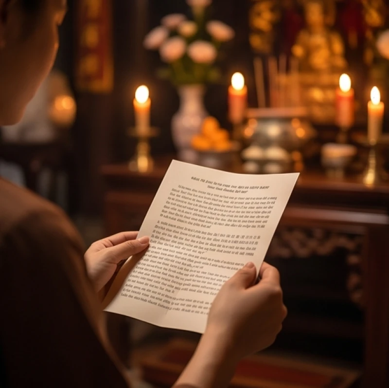 Tín đồ tập trung nhìn vào tờ giấy chép sẵn để tấu lạy văn khấn khi đi lễ phủ