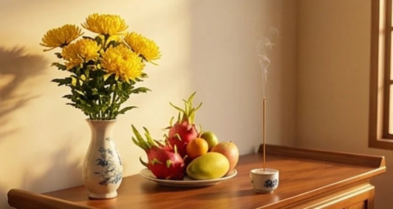 Văn khấn xin lộc gia tiên: Bài cúng làm ăn và nghi thức chuẩn 5 Bình hoa cúc vàng rực rỡ và đĩa ngũ quả tươi tắn dâng lên ban thờ hằng ngày
