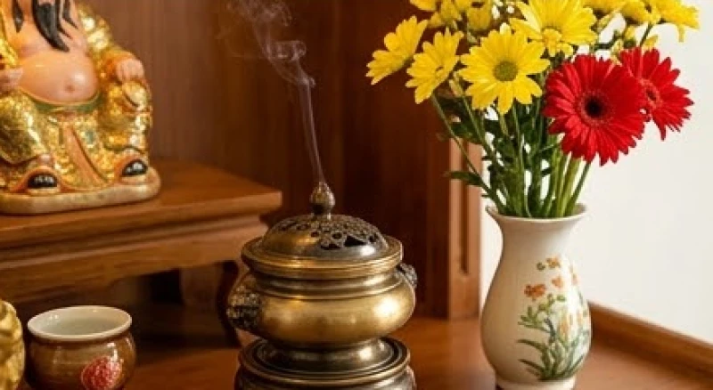 Lư hương bằng đồng sáng bóng đặt ở trung tâm cùng bình hoa đồng tiền tươi tắn phía bên phải bàn thờ