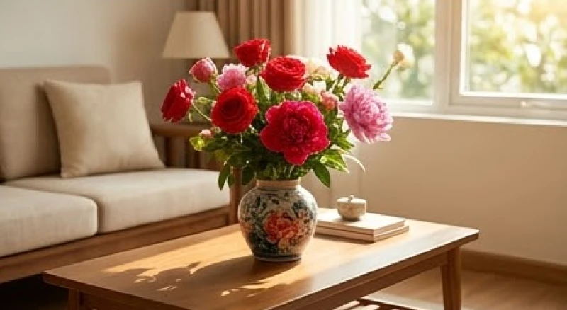 Bình hoa hồng đỏ rực rỡ đặt trong phòng khách giúp tăng cường sinh khí cho người tuổi Tuất mệnh Hỏa và Thổ