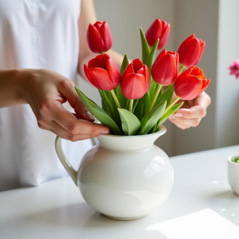 Cắm hoa tulip đỏ vào bình sứ trắng