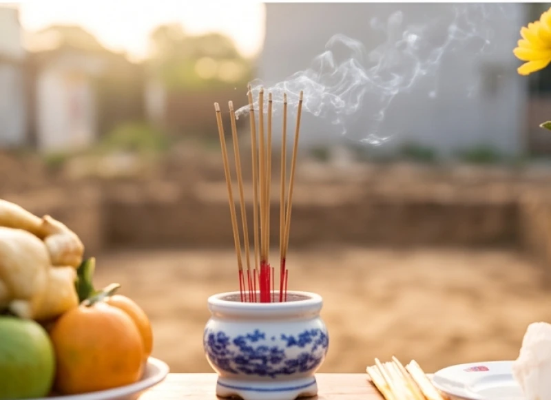 Lư hương cắm đầy những nén nhang đang cháy tỏa khói nghi ngút trên bàn lễ cúng hạ móng
