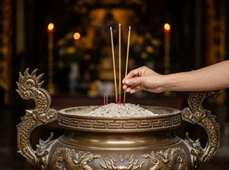 Người đi lễ cẩn thận cắm 3 nén hương lên bát nhang chính diện tại đền Bảo Hà