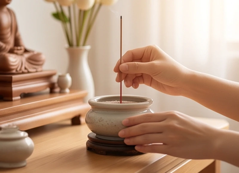 Văn khấn sám hối tại nhà: Bài khấn và trình tự thực hành chi tiết 3 Thao tác dâng và cắm hương thẳng đứng thật ngay ngắn trên bát nhang bàn thờ gia tiên và chư Phật tại gia