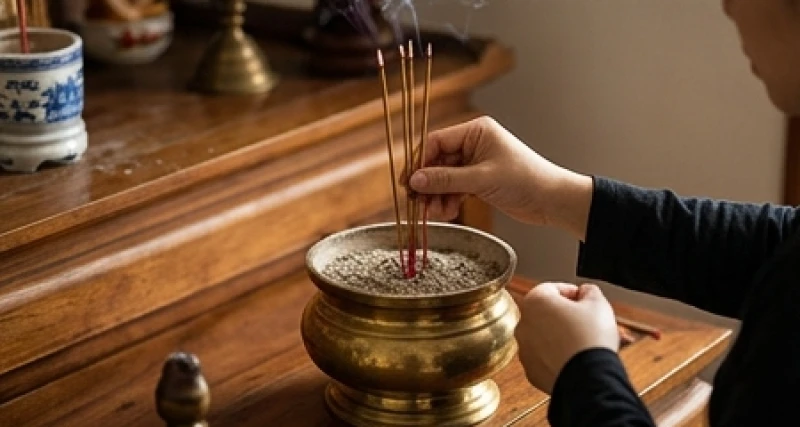 Văn khấn thần linh rằm tháng Chạp: Bài cúng Thổ Công và sắm lễ 8 Hai bàn tay cung kính cắm những nén hương cháy đỏ đều vào chính giữa bát hương Thổ Công trên ban thờ