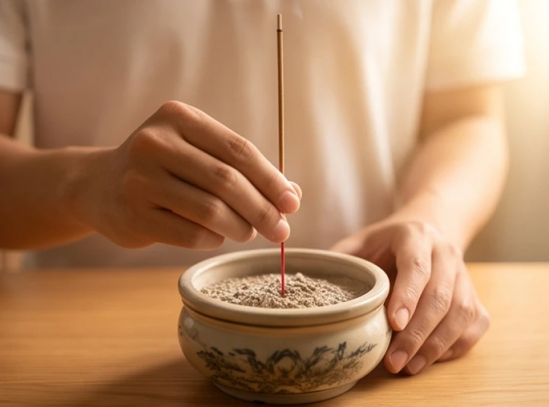 Văn khấn gia tiên hàng ngày: Bài cúng ngắn gọn và mâm lễ tối giản 9 Gia chủ dùng hai tay cẩn thận cắm nén nhang thẳng đứng vào bát hương