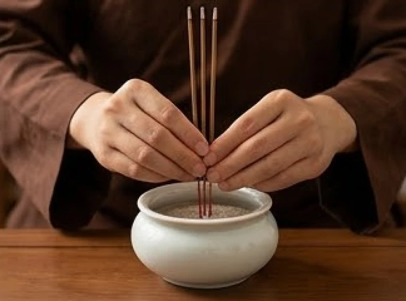 Văn khấn Phật tại gia mùng 1: Bài cúng và cách sắm lễ thanh tịnh 10 Gia chủ dùng hai tay cẩn thận cắm thẳng ba nén hương vào chính giữa bát nhang bàn thờ Phật