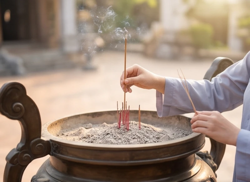 Người đi lễ cẩn thận dùng hai tay cắm từng nén nhang thẳng đứng vào bát hương lớn đặt trước thềm chùa