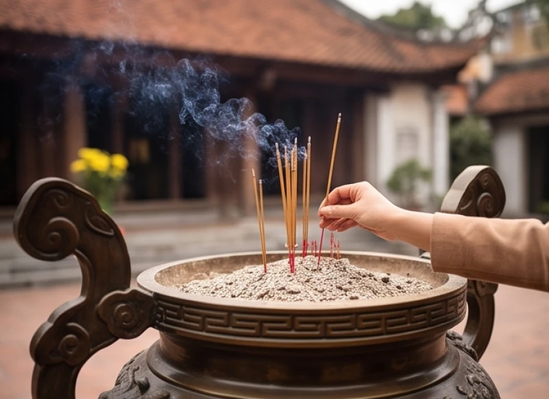 Văn khấn khi đi lễ đền: Chi tiết bài khấn Nôm và cách sắm lễ 7 Bàn tay tín chủ cẩn thận cắm những nén nhang cháy đỏ vào chiếc lư hương bằng đồng lớn đặt ngay giữa sân đền