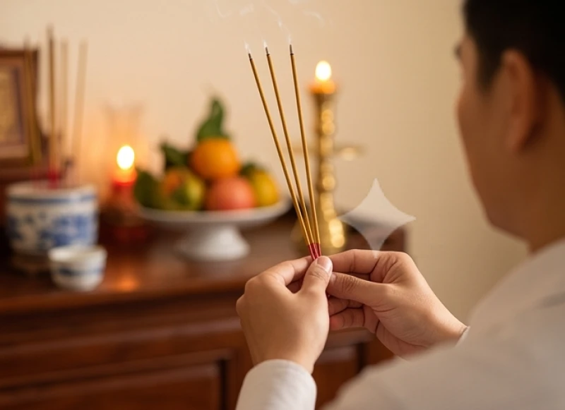 Văn khấn tạ bát hương 100 ngày: Sắm lễ và trình tự chuẩn 11 Hai bàn tay nâng ba nén hương cháy đỏ ngang trán chuẩn bị cắm vào bát nhang