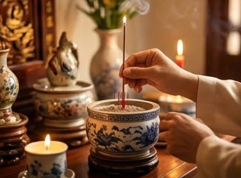 Hai tay cầm nén hương cắm cẩn thận vào bát Thần linh đặt ở vị trí chính giữa ban thờ