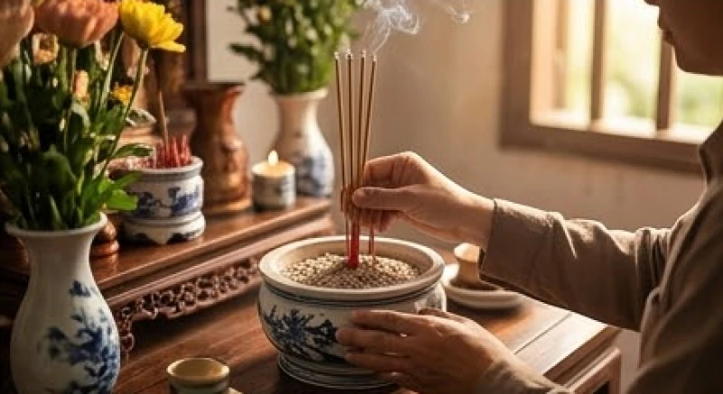 Bàn tay cầm hương giữ thẳng ngang trán trước khi cắm vào bát nhang trên ban thờ