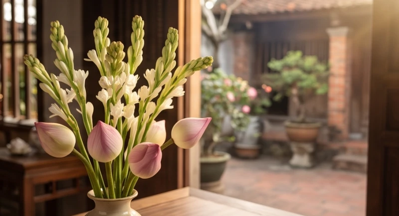 Lẵng hoa huệ và hoa sen hồng nhạt mang vẻ đẹp thanh khiết được chuẩn bị cẩn thận trước khi mang vào đền